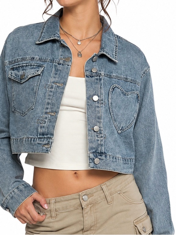 Ashley Vintage Charm Heart Pocket Cropped Denim Jacket Y2k Coquette Xl